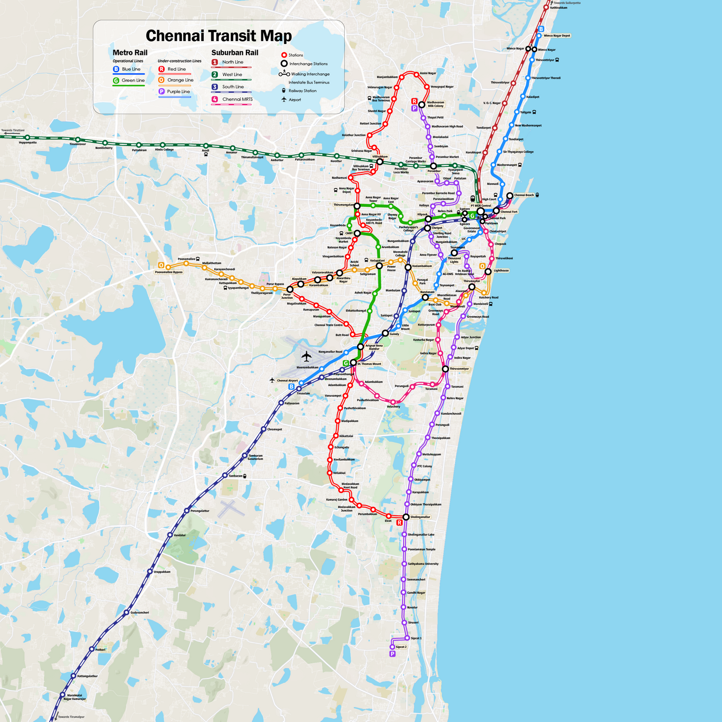 Chennai Transit Map showing various transportation routes on a map of Chennai.